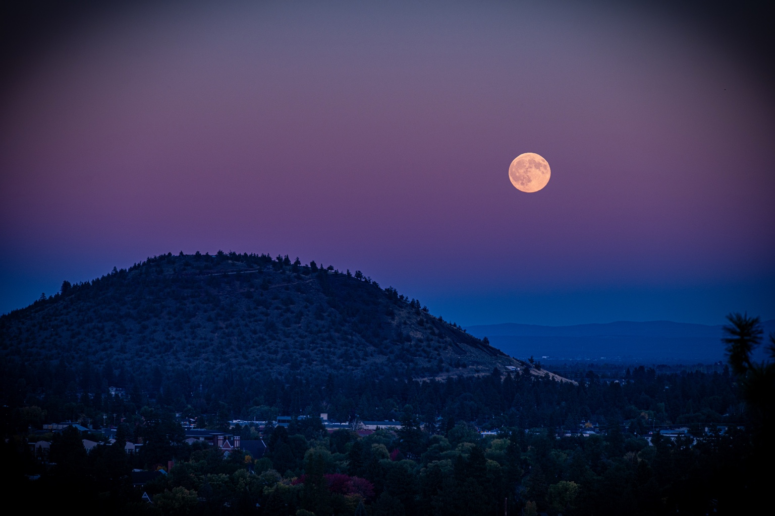 Full moon rising above a wooded hill at dusk