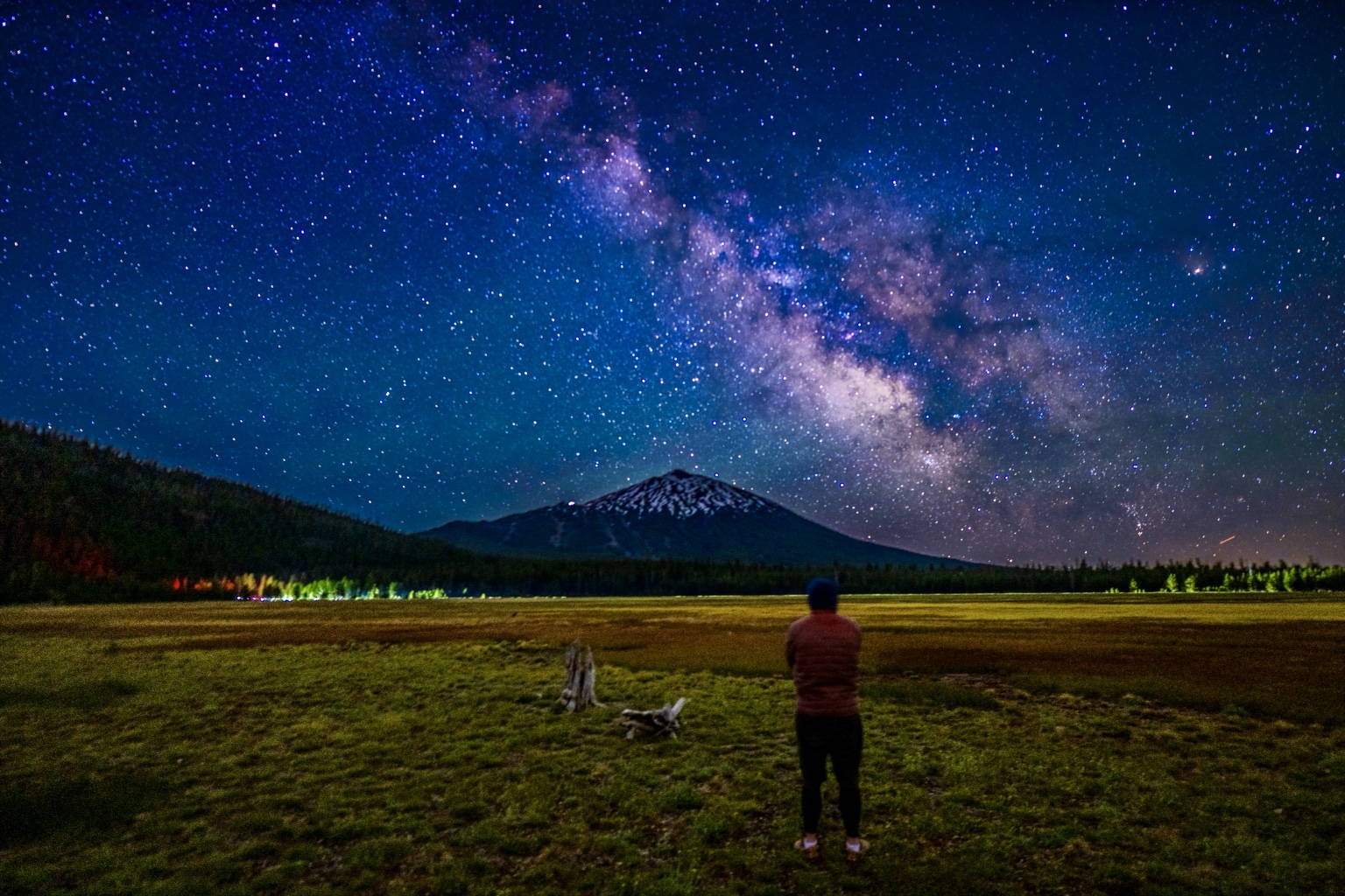 A figure facing the Milky Way above a mountain meadow